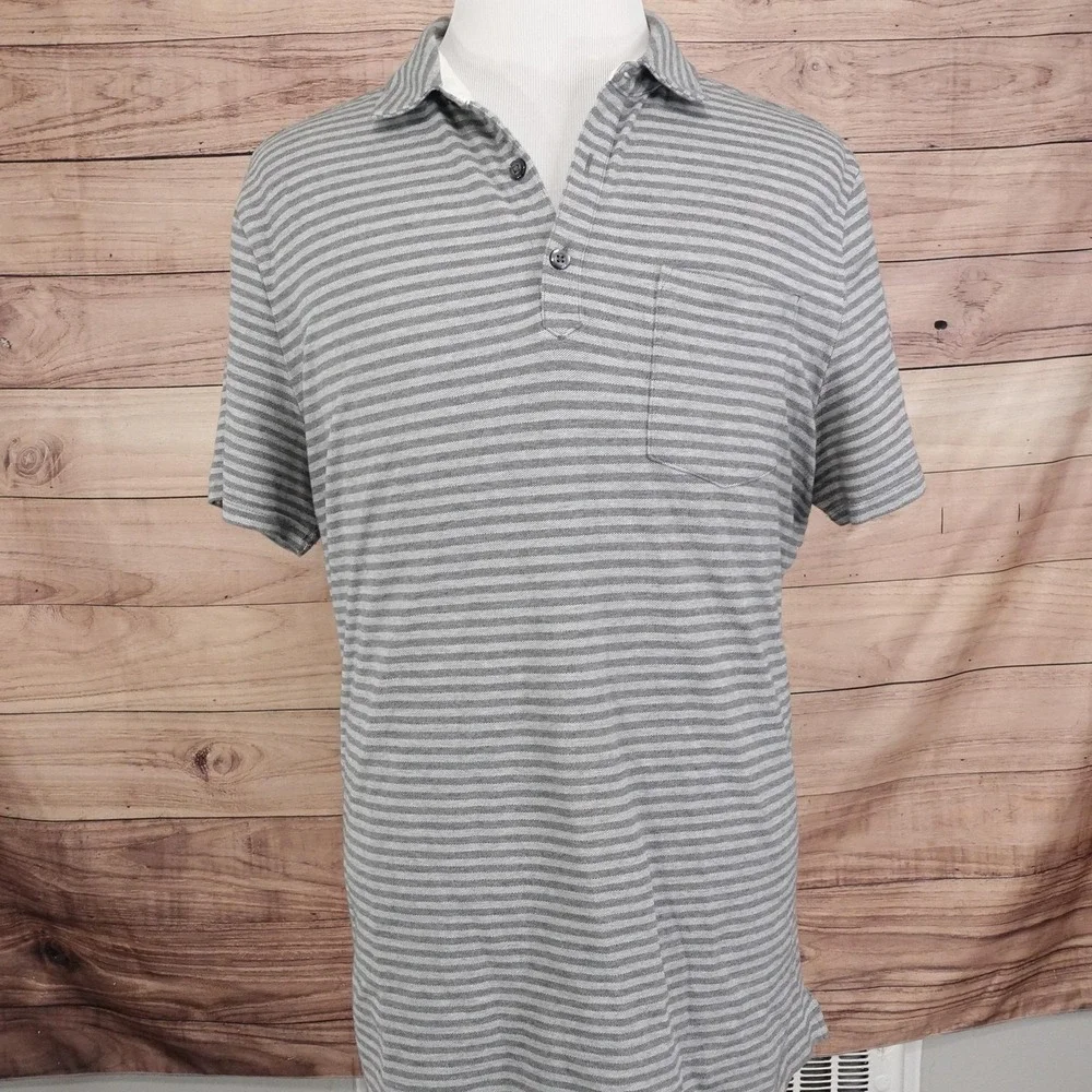 Banana Republic Shirt Mens XL Gray White Striped‎ Performance Pique Polo Casual